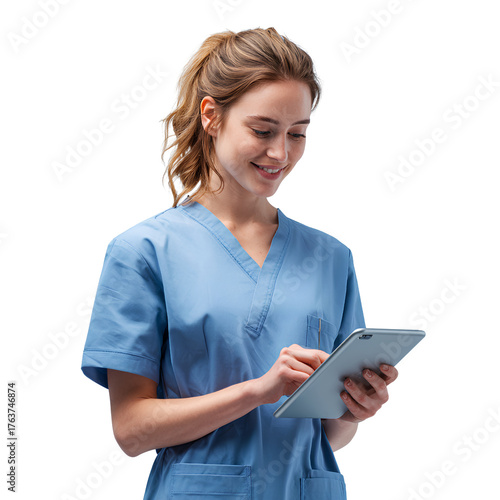 Smiling Female Doctor in Blue Uniform Using Digital Tablet, Side Angle, Isolated on Transparent Background.