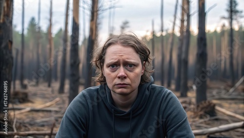 Climate change Awareness A person sits in a burned forest, conveying a sense of loss and contemplation amidst charred trees.