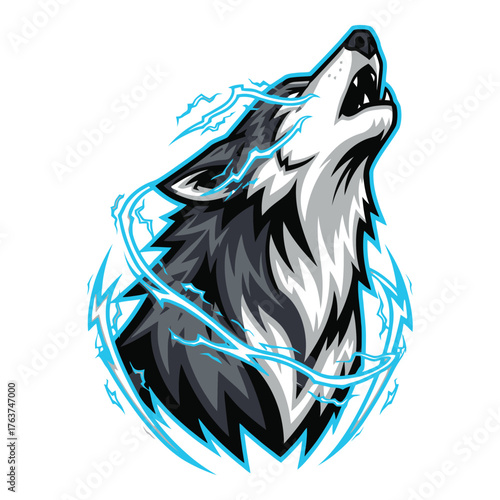 Dynamic wolf head roaring with electric blue lightning energy, powerful animal mascot for gaming or sports teams