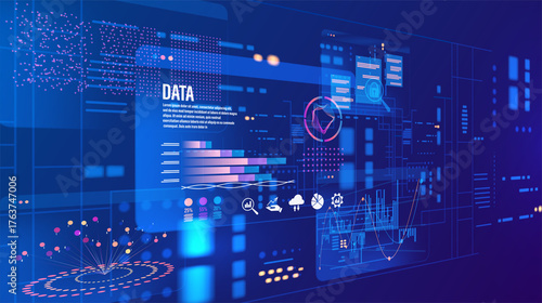 Abstract Big Data Analytics Visualization Dashboard Interface. Futuristic Digital Technology Background for Data Science, Business Intelligence, Machine Learning, and Innovation.