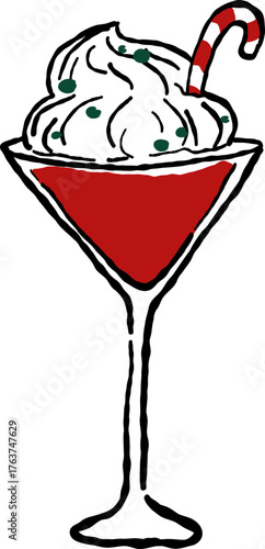 Hand Drawn Champagne, Wine Glass with Candy Cane