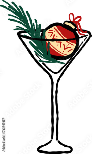 Hand Drawn Champagne, Wine Glass with Ornament,