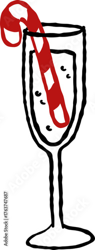 Hand Drawn Champagne, Wine Glass with Candy Cane
