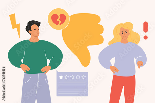 Feedback of bad customer experience, dislike in social media, negative opinion. Tiny angry people holding thumbs down to evaluate poor quality of product or service cartoon vector illustration