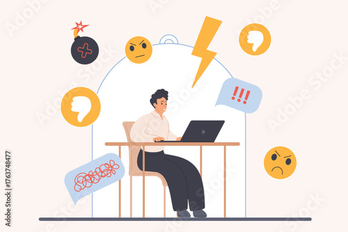 Negative feedback pressure, protection in office workplace from criticism of colleagues and boss. Tiny man sitting at computer desk under transparent bubble shield cartoon vector illustration