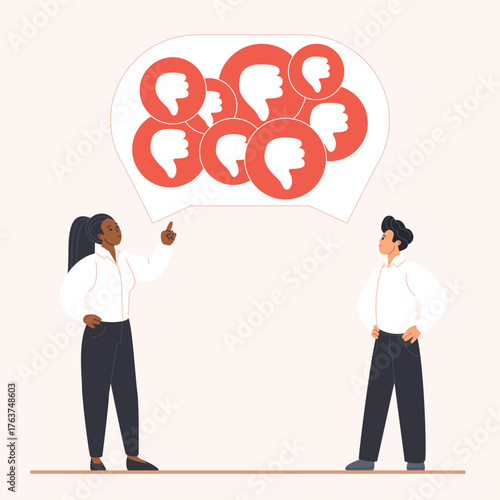 Negative feedback boss and colleagues, criticism of work and business methods, bad rating. Tiny people and many thumbs down of dislike in speech bubble of chat messages cartoon vector illustration