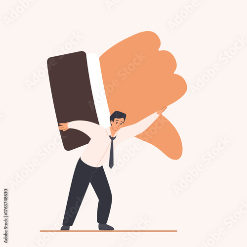 Bad company reputation, negative feedback, conflict of interest and punishment. Tiny unhappy sad businessman carrying with efforts heavy burden of thumb down on shoulder cartoon vector illustration