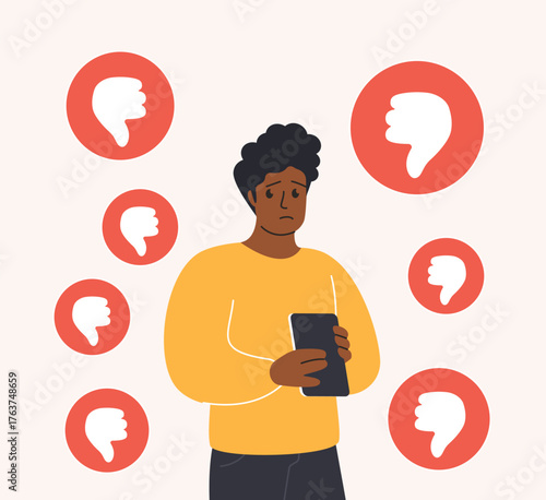 Negative bad comments, unpleasant messages to blogger in social media. Sad man with mobile phone feeling stress and anxiety, fatigue due to dislike of angry haters cartoon vector illustration