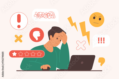 Bad review, online negative feedback of angry customers, users complaints about experience of service, product. Sad man reading dislike messages and text in speech bubbles cartoon vector illustration
