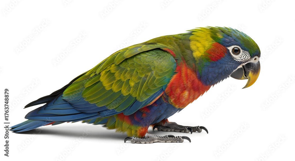 Fototapeta premium A colorful bird, specifically a vibrant parrot with green, blue, yellow, and red feathers, standing alone on a plain white background.