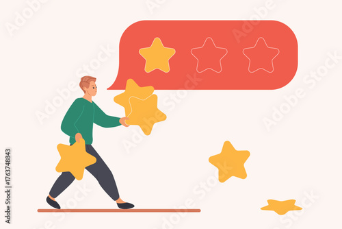 Bad review, negative feedback of angry customer about poor experience of service or product. Tiny man user giving one ranking star for assessment of quality problems cartoon vector illustration