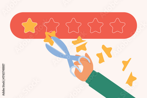Bad customer feedback, brand reputation management. Hand of client with scissors cutting rating stars down to one due to negative experience using product or service cartoon vector illustration