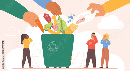 Awareness of recycling biodegradable organic garbage and food waste into compost. Sad tiny people watch big hands throw meals leftovers off plates into trash container cartoon vector illustration