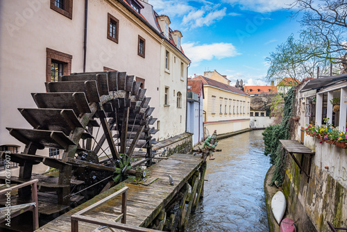 Prague, Czech republic - March 31, 2023. Water mill in Certovka canal
