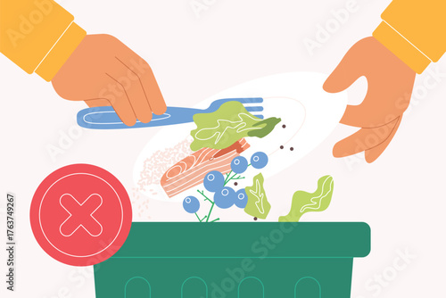 Stop throwing away waste food to save environment, responsibility and awareness of environmental protection. Human hands throw leftovers off plate into trash container cartoon vector illustration