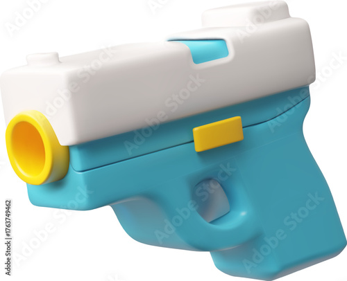 Handgun 3D cartoon plastic style, game weapon blaster toy, vector render firearm blue design, kids revolver gun