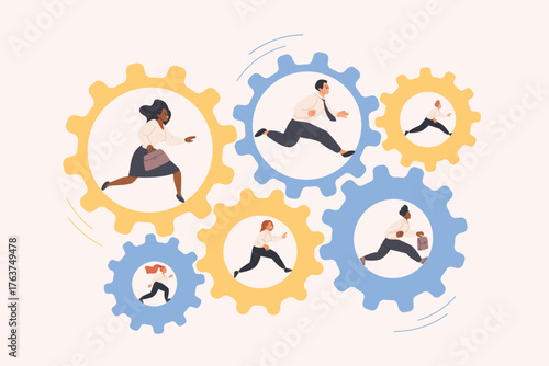 Strong teamwork cooperation for work progress, organization and productivity of business team. Tiny people run inside mechanic system of gears and cogwheels together cartoon vector illustration
