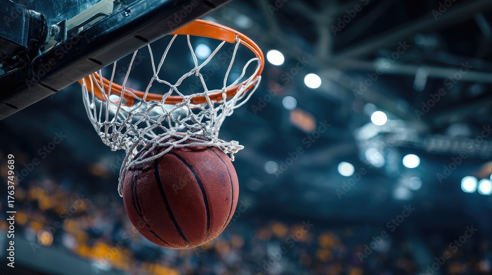 Fototapeta premium Close-Up View of Basketball Passing Through Basketball Hoop Netting