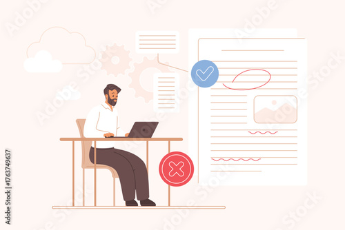 Correct grammar errors, edit text, proofreading process by corrector. Tiny man working with laptop to check grammar mistakes and spelling, improve document, authors essay cartoon vector illustration