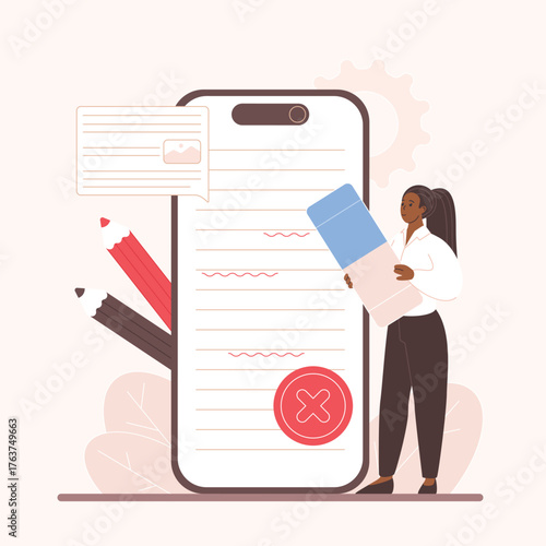 Correct grammar errors, edit text of online content and information, proofreading with editor mobile app. Tiny woman improve document on smartphone screen with eraser cartoon vector illustration