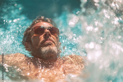 Man with beard and sunglasses floating in refreshing sparkling pool water enjoying summer leisure