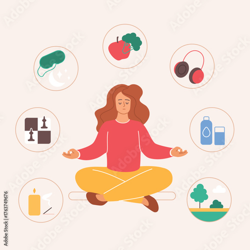 Healthy habits for wellbeing, emotional balance. Tiny woman sitting in lotus yoga pose for meditation, daily life routine icons of sleep and music, chess and walk, diet cartoon vector illustration