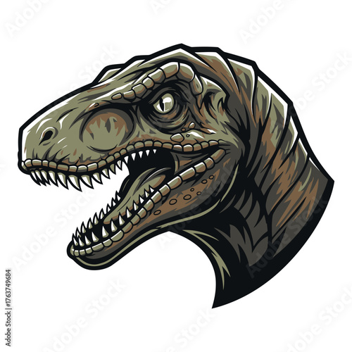 Fierce reptilian dinosaur head with sharp teeth and intense gaze, perfect for prehistoric themes and powerful designs