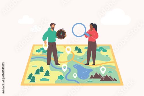 Tourism and map orienteering to create travel route for hiking trail, summer camp and trekking adventure. Tiny people with compass and magnifying glass pin location cartoon vector illustration