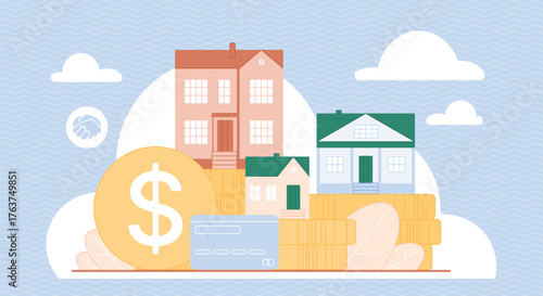 Illustration representing the concept of real estate investment, home finance, mortgages, or property management, with houses, money, and payment card on blue pattern background.