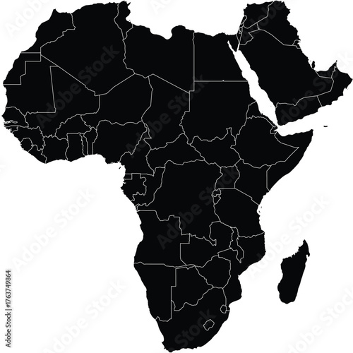 Africa and Middle East Solid Map Silhouette with Political Lines