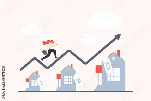 Real estate investment, home property prices increase, inflation analysis. Tiny business lady running up arrow, house models with cost labels and growing in height cartoon vector illustration