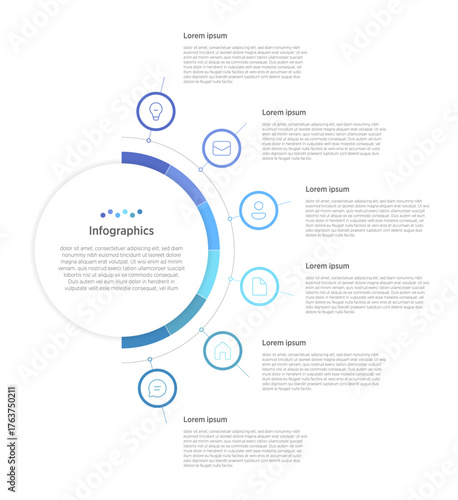A clean, modern vector infographic featuring a 6-step rounded timeline linked with circular icons. The adaptable layout and clear marketing symbols make it perfect for professional presentations, he