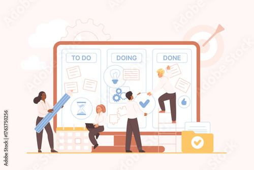 Kanban board online, interactive methodology to plan work cycle, project. Tiny people place stickers with check mark and text, puzzle pieces on table on computer screen cartoon vector illustration
