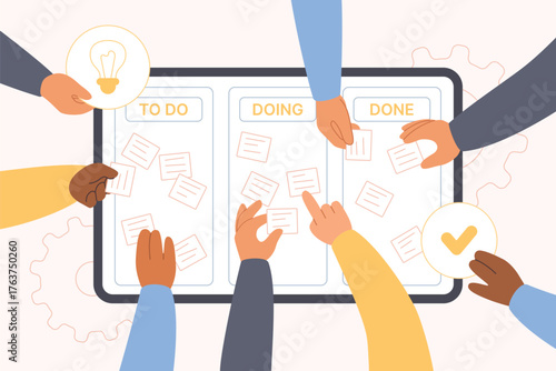 Kanban method of task and project planning and management. Human hands sticking notes and memo stickers on whiteboard, daily process of collaboration and team integration cartoon vector illustration