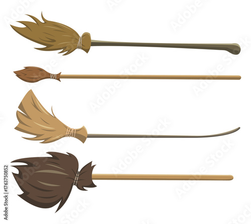 Set of different witch brooms for halloween in cartoon style, stock vector illustration.