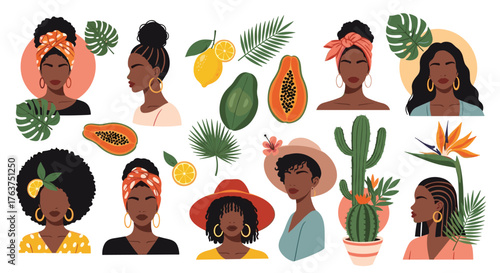 Collection of diverse African American women portraits with tropical fruits and plants.