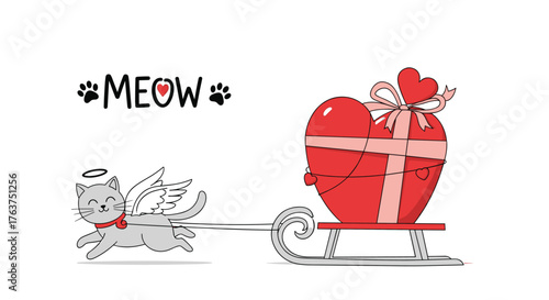 Cute Cupid Cat Pulling a Sleigh with a Heart-Shaped Gift for Valentines Day.