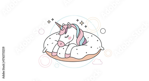 Cute Unicorn Sleeping Peacefully on a Delicious Donut.