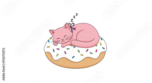 Adorable pink kitten peacefully sleeping on a delicious frosted donut with sprinkles.