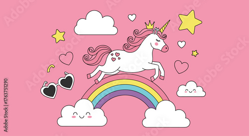 Magical Unicorn with Rainbow and Clouds on Pink Background.