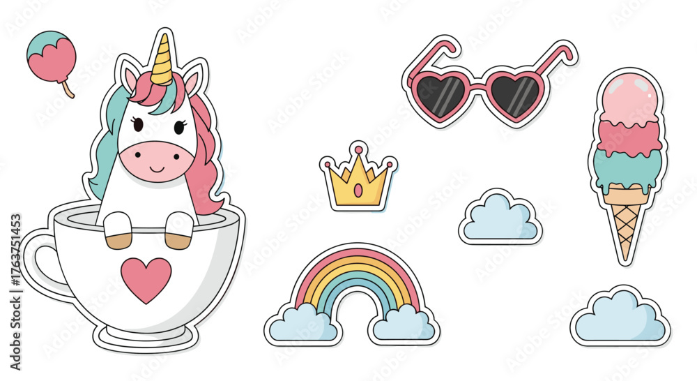 Naklejka premium Cute unicorn and other colorful objects on white background.