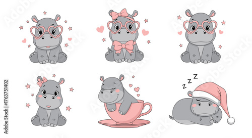 Cute cartoon hippos in various poses and outfits.