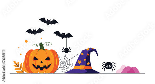 Halloween pumpkin with bats, spider, and witch hat.