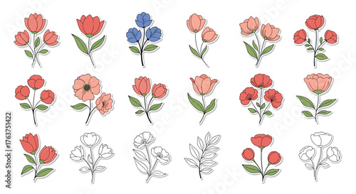 Colorful floral bouquets collection on white background.