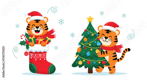 Festive Tiger Celebrates Christmas with Holiday Decorations.