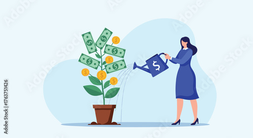 Woman nurturing money tree, investment and financial growth concept.