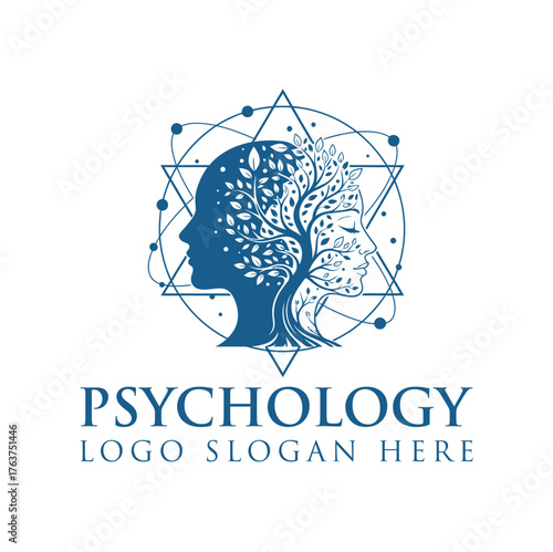 Psychology logo featuring two head profiles integrated with tree branches and geometric shapes design