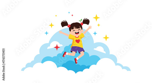 Happy girl jumping joyfully above the clouds with stars.