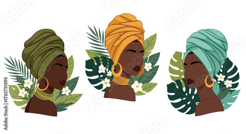 Three African women portraits with colorful head wraps.