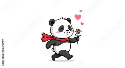 Cute panda with a flower and hearts running forward.